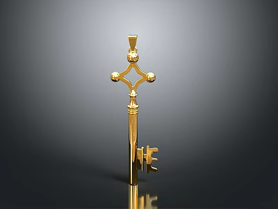 Golden Decorative Key With Cross Shaped Top Spherical Ornaments And Reflective Metallic Finish 3d model