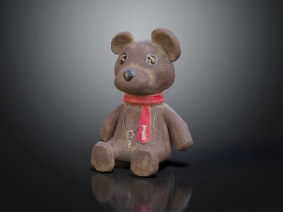 Brown Bear Stuffed Doll With Red Scarf Sitting On Black Surface 3d model
