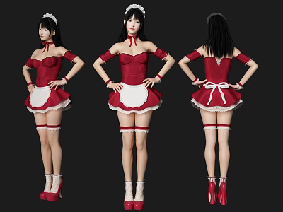 Game Movie Character In Red Maid Dress With White Apron Black Hair And Red Heels 3d model