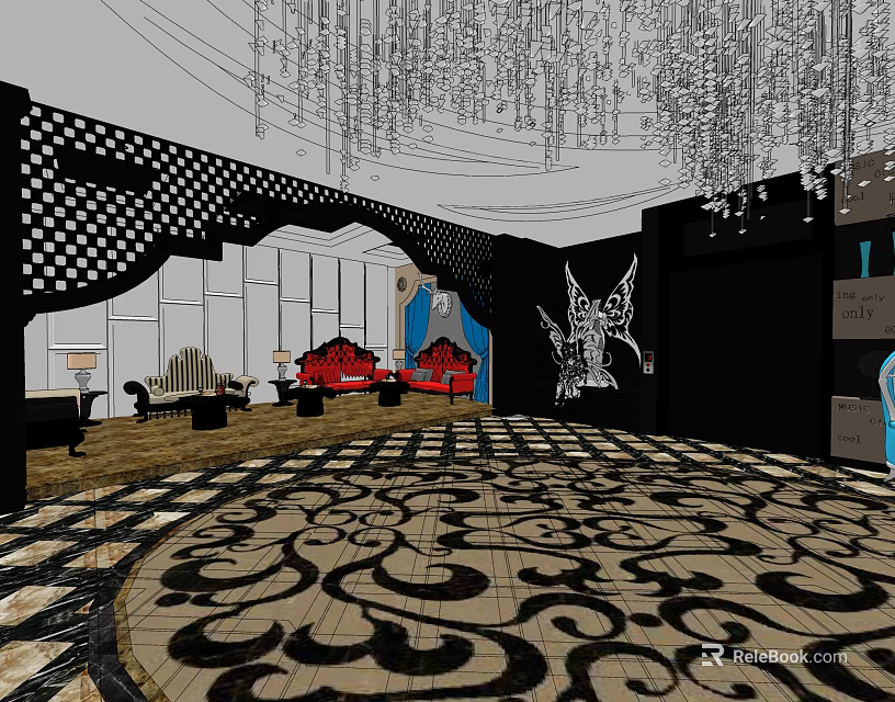 Elegant KTV Interior Design With Chandelier Red Sofa And Patterned Carpet 3d model 