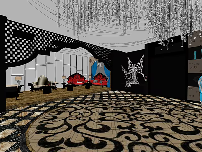 Elegant KTV Interior Design With Chandelier Red Sofa And Patterned Carpet 3d model