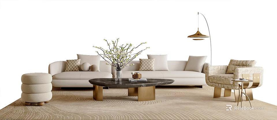 Elegant Beige Sofa and Coffee Table Set with Marble Top Gold Legs Pillows Floor Lamp 3d model 