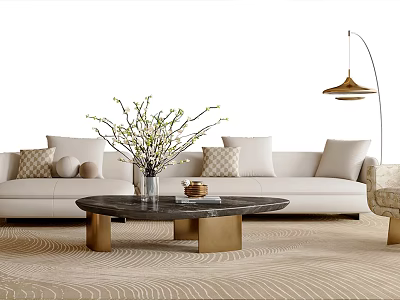 Elegant Beige Sofa and Coffee Table Set with Marble Top Gold Legs Pillows Floor Lamp 3d model