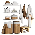 Organized Laundry And Daily Essentials Storage With Baskets Towels Bathrobes And Bottles