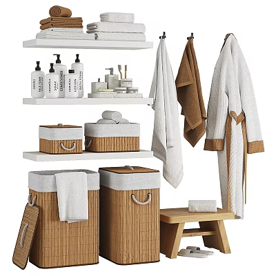 Organized Laundry And Daily Essentials Storage With Baskets Towels Bathrobes And Bottles 3d model