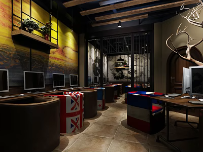 Vintage Internet Cafe Interior Featuring Computers Sofa Seats Wall Paintings And Wooden Ceiling 3d model