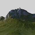 Garden Landscape with White Mountain Peak and Green Grassland and Scattered White Flowers