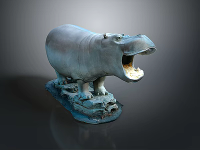 Hippopotamus Sculpture With Open Mouth Standing On Rock Base 3d model