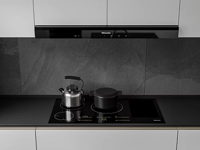 Modern Kitchen Interior With Haier Range Hood Induction Cooktop White Cabinets And Black Countertop 3d model