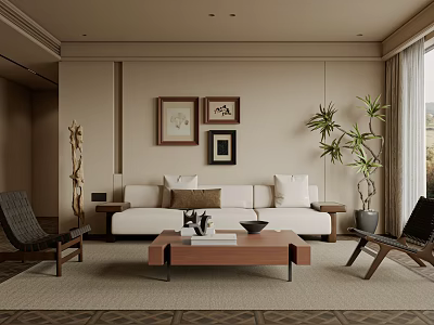 Modern Living Room Interior With White Sofa Wooden Coffee Table Artwork And Plant 3d model