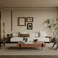 Modern Living Room Interior With White Sofa Wooden Coffee Table Artwork And Plant