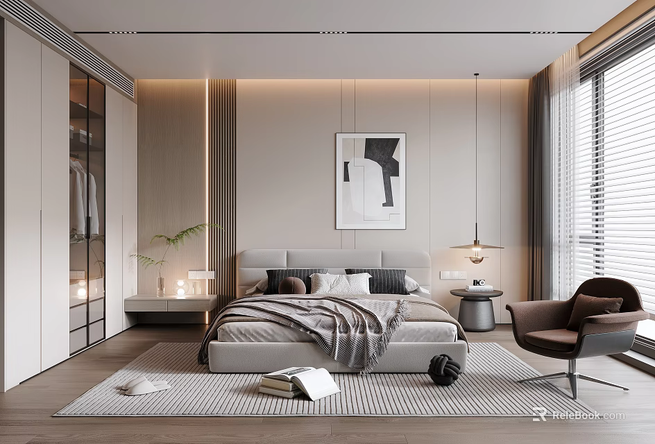 Modern Bedroom Interior With Bed Abstract Artwork Glass Wardrobe Rug And Cozy Chair 3d model 