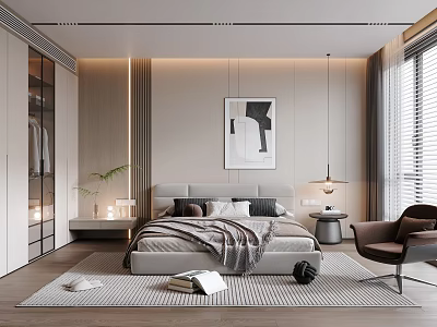 Modern Bedroom Interior With Bed Abstract Artwork Glass Wardrobe Rug And Cozy Chair 3d model