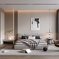 Modern Bedroom Interior With Bed Abstract Artwork Glass Wardrobe Rug And Cozy Chair