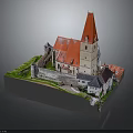 Castle Style Architectural Model Featuring Red Roof Tower Surrounding Structures Green Grass and Gray Base