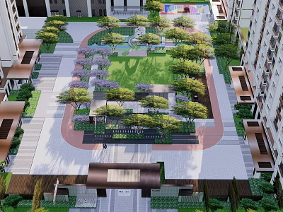 Modern Residential Landscape Design With Central Green Space Trees Walkways And Apartment Buildings 3d model