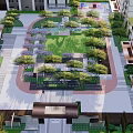 Modern Residential Landscape Design With Central Green Space Trees Walkways And Apartment Buildings
