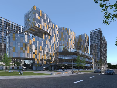 Modern Office Building Architecture Design With Glass Curtain Wall Colorful Squares And Street Greenery 3d model