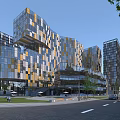 Modern Office Building Architecture Design With Glass Curtain Wall Colorful Squares And Street Greenery