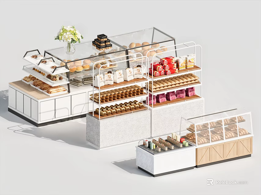 Bakery Display Shelves With Transparent Glass Multiple Tiers For Pastries Bread And Desserts 3d model 