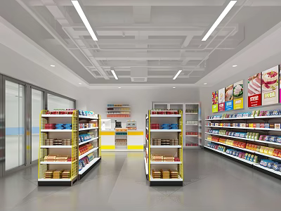 Supermarket Department Store Interior Featuring Well Stocked Shelves With Various Products And Bright Lighting 3d model