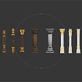 Various Decorative Columns With Gold Accents Wooden White Carved Bases As Scene Elements