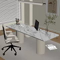 Elegant Home Workspace With White Marble Desk Beige Chair Blinds And Wall Art