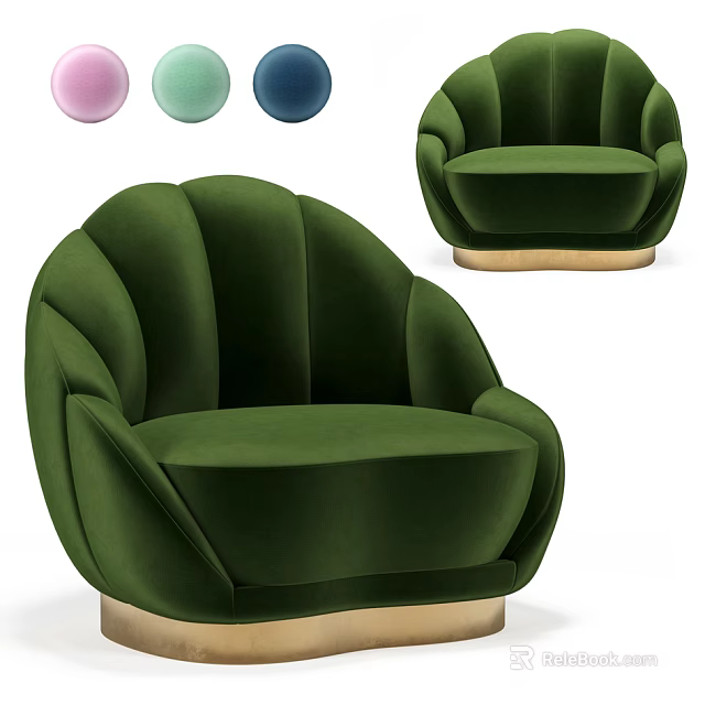 Shell Shaped Green Velvet Single Sofa With Gold Base And Color Options 3d model