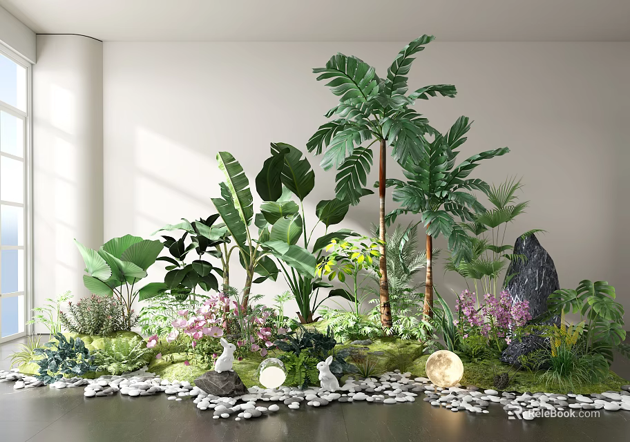 Indoor Tropical Plant Combination With Lush Green Plants Large Leaves Stones And Decorative Lights 3d model 