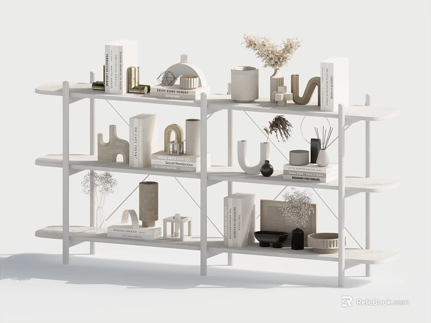 Modern Decorative Cabinet With Open Shelves Books Vases Dried Flowers And Ornaments 3d model 