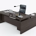 Stylish Dark Wooden Office Desk With Laptop Desk Lamp And Decorative Items