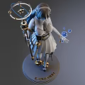 3D Female Character Model With Staff Glowing Blue Elements And Decorative Base 3d model