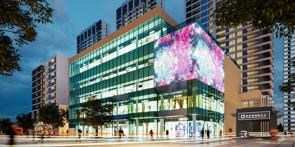 Modern Commercial Complex Featuring Glass Curtain Walls and Large Colorful LED Screen in Vibrant Night 3d model 