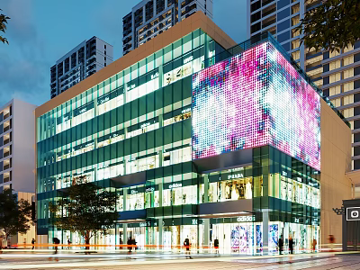 Modern Commercial Complex Featuring Glass Curtain Walls and Large Colorful LED Screen in Vibrant Night 3d model
