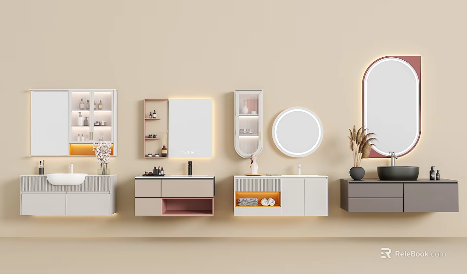 Modern Bathroom Vanity Set With Lighted Mirrors Storage Cabinets And Countertops 3d model