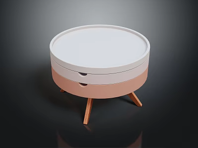 Modern Round Side Table With Layered Design White Pink Drawer And Wooden Legs 3d model
