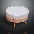 Modern Round Side Table With Layered Design White Pink Drawer And Wooden Legs