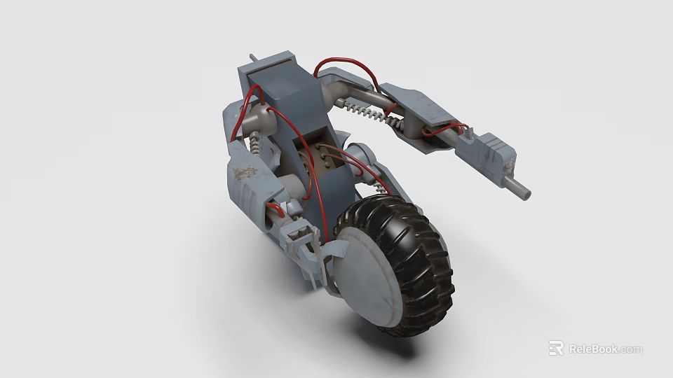 Detailed Mechanical Device Featuring Gray Structure Red Wires Springs Robotic Arm And Black Wheel 3d model 