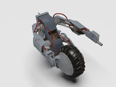 Detailed Mechanical Device Featuring Gray Structure Red Wires Springs Robotic Arm And Black Wheel 3d model