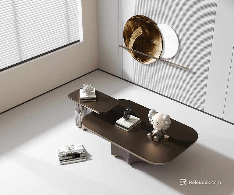 Modern Coffee Table With Dark Brown Wooden Surface And Decorative Books In Living Room 3d model 