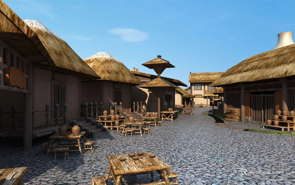 Traditional Commercial Street With Thatched Roofs Wooden Tables And Stone Paved Road 3d model 