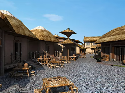 Traditional Commercial Street With Thatched Roofs Wooden Tables And Stone Paved Road 3d model