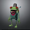 Cartoon Frog with Silver Chef Hat Red Eyes Green Pants Red Badge and Blue Spoon