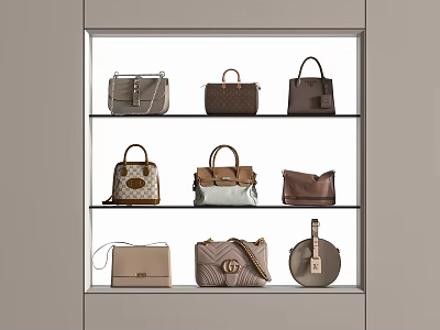 Stylish Designer Bags in Neutral Tones Displayed on Three Tiered Shelves 3d model