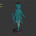 3D Female Character Model In Traditional Outfit With Dragon Pattern Hair Accessory Holding Weapon On Circular Base
