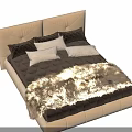 Double Bed With Beige Brown Upholstered Headboard White Brown Pillows And Soft Fur Blanket