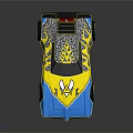 Blue And Yellow Sports Car With Unique Graphic Patterns And Black Rear Spoiler