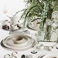 Elegant Decorative Ornament Set With Tableware Vase Fresh Flowers Wine Glasses Teacups And Plates