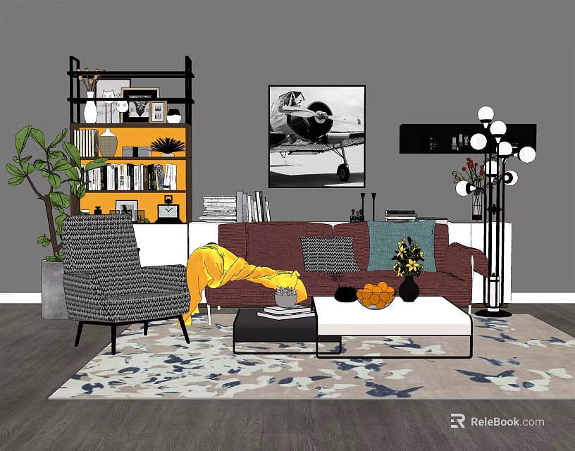 Modern Living Room Sofa and Coffee Table Set With Bookshelf Artwork Floor Lamp and Rug 3d model 