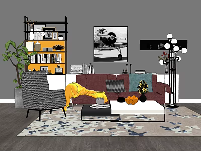 Modern Living Room Sofa and Coffee Table Set With Bookshelf Artwork Floor Lamp and Rug 3d model